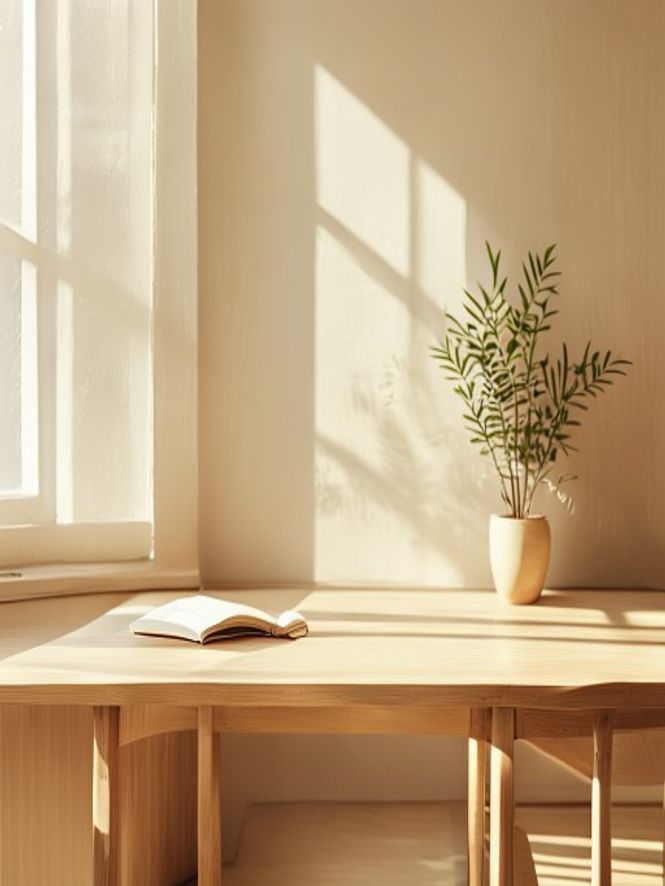 Calm office workspace with natural light and a plant