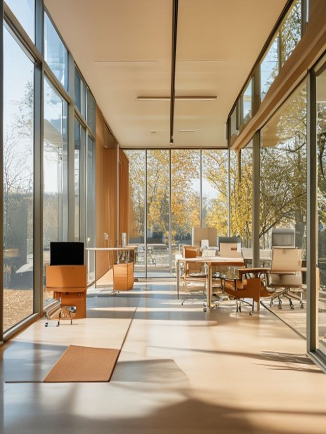 Office workspace with plants and natural light encouraging movement breaks